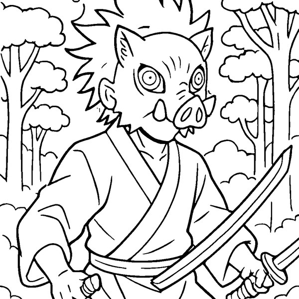 Inosuke con máscara de jabalí, de pie con espada doble, pose desafiante