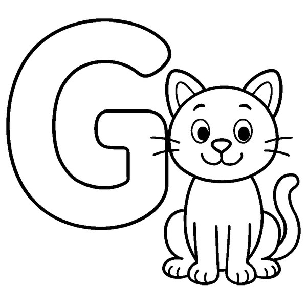 Dibujo en blanco y negro de la letra G con un gato juguetón al lado