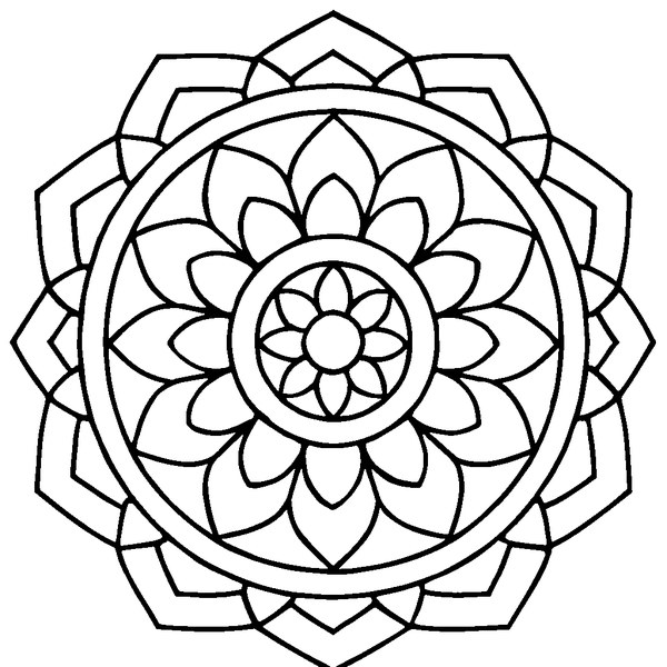 Mandala art déco geométrico con líneas gruesas, círculos concéntricos y patrones repetitivos en fondo blanco
