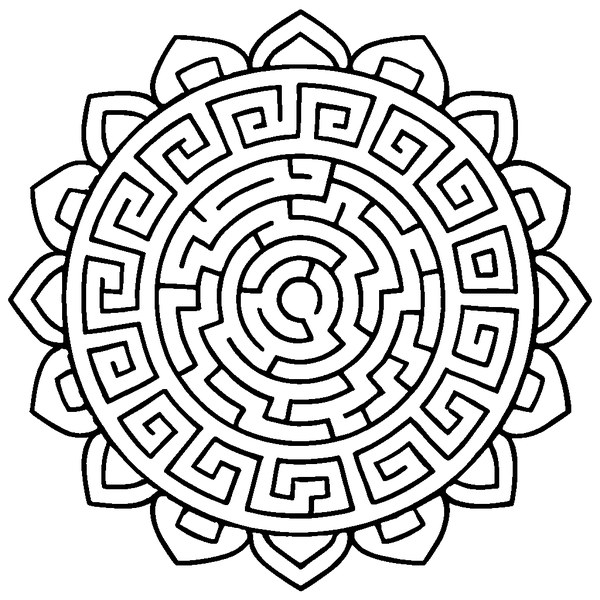Intrincado diseño de mandala de laberinto con complejos patrones y un punto central llamativo.