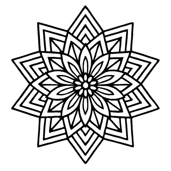 Mandala con intrincados triángulos simétricos en capas que irradian desde un centro definido
