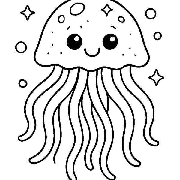 Dibujo de medusa luminosa con tentáculos largos y cuerpo brillante flotando en el océano.