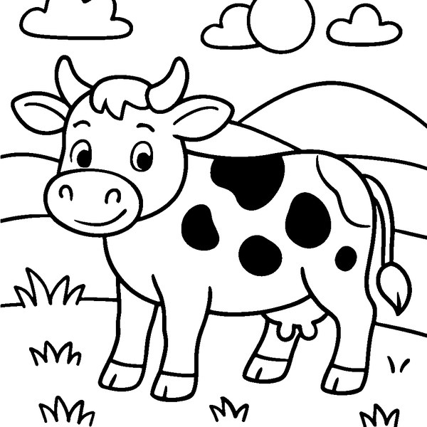Vaca en campo, de pie sobre hierba, con cielo claro y colinas lejanas.