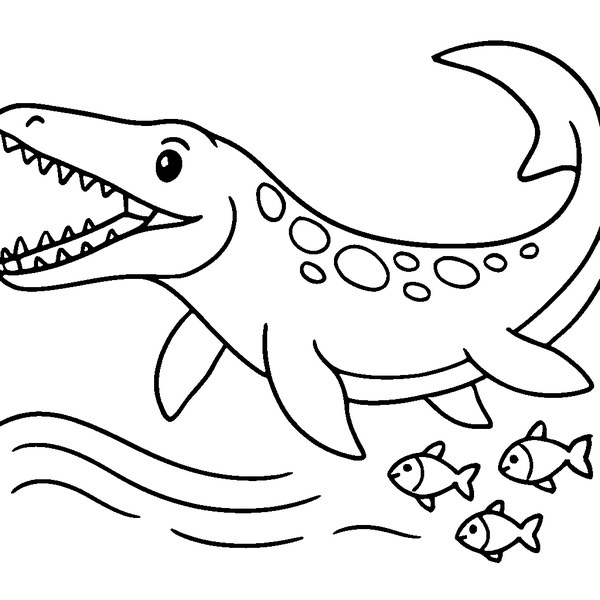 Mosasaurus marino con enormes mandíbulas, aletas robustas y cola poderosa, listo para colorear.