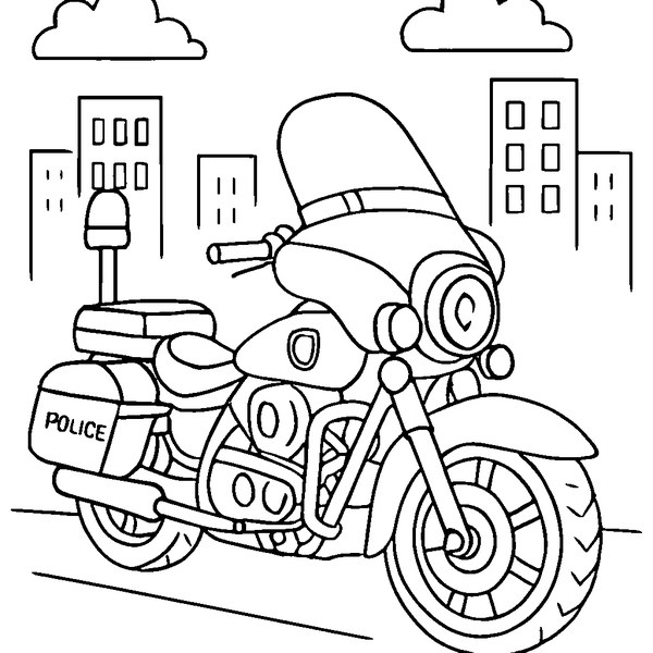 Motocicleta de policía con sirena, alforjas y líneas definidas para colorear