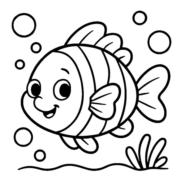 Nemo el pez payaso con franjas naranjas y blancas, sonriendo alegremente, rodeado de burbujas marinas