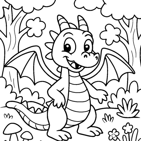 Un dragón amigable con alas abiertas, ojos grandes y sonrisa traviesa, en un bosque mágico.
