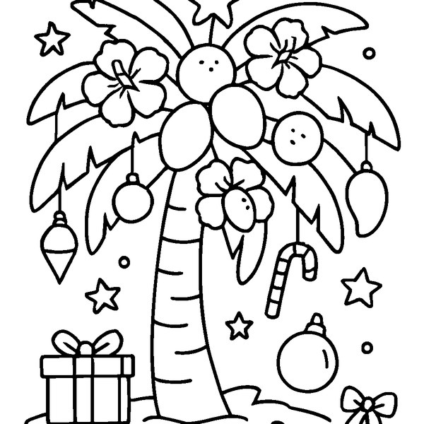 Dibujo de una palmera decorada con guirnaldas, flores exóticas y frutas tropicales colgantes.