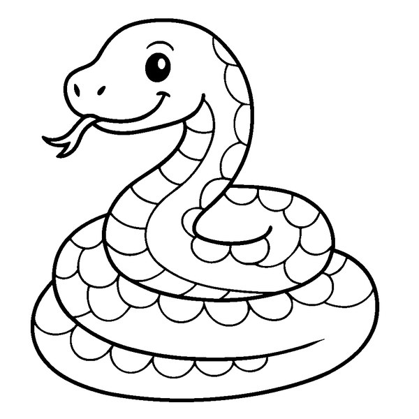 Dibujo en blanco y negro de una serpiente pitón enroscada con escamas detalladas y lengua extendida.