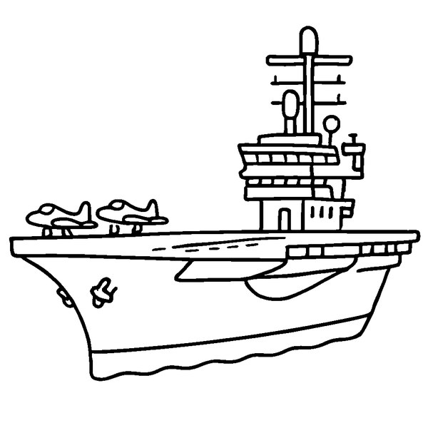 Dibujo en blanco y negro de un portaaviones USS Enterprise visto desde un ángulo lateral