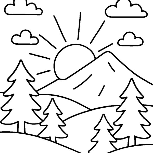 Dibujo en blanco y negro de una puesta de sol en montaña con elementos naturales y líneas definidas.