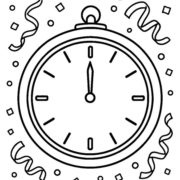 Un reloj antiguo con manecillas doradas señalando las doce, rodeado de confeti y serpentinas.
