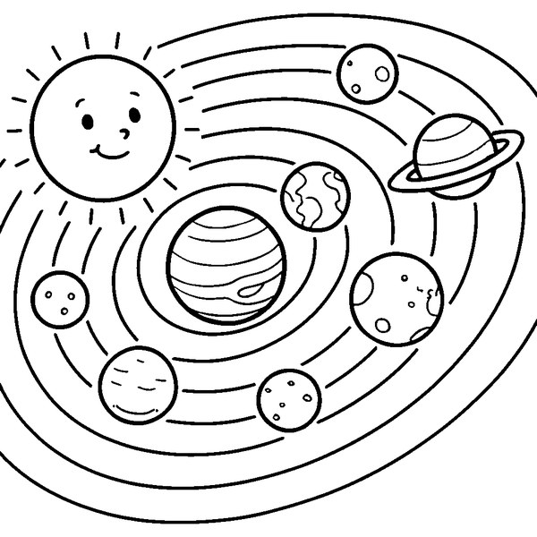 Dibujo detallado del sistema solar completo con planetas alineados en órbita sobre fondo blanco