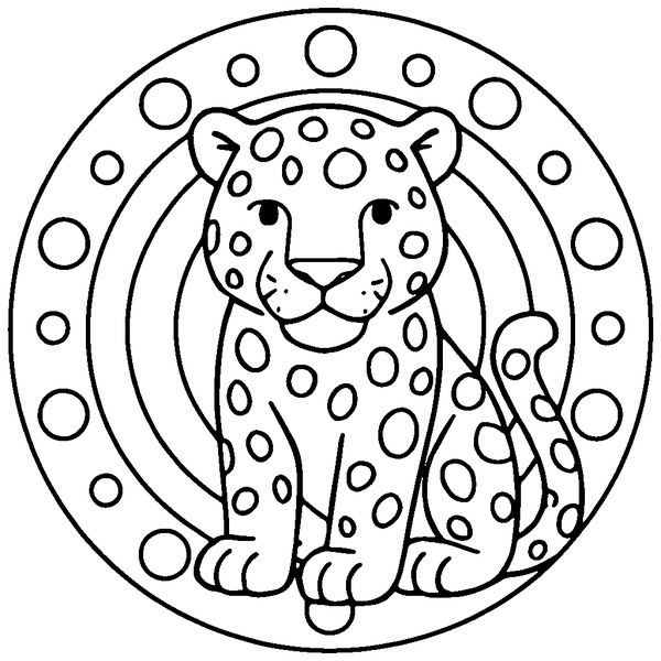 Mandala de jaguar con manchas intricadas, líneas simétricas, círculos concéntricos y detalles animales complejos.